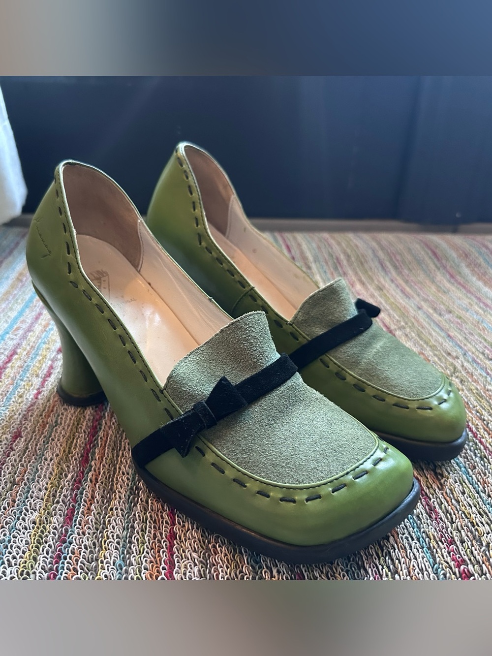 Fluevog VINTAGE EXCELLENT Choice Hi Jennifer green leather/suede heeled loafer-6